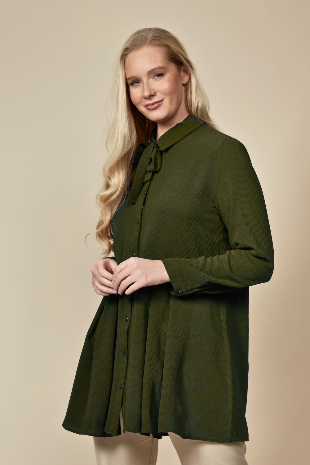 Oversized Long Sleeve Relaxed Pleated Fit Shirt with Tie Detail in Khaki