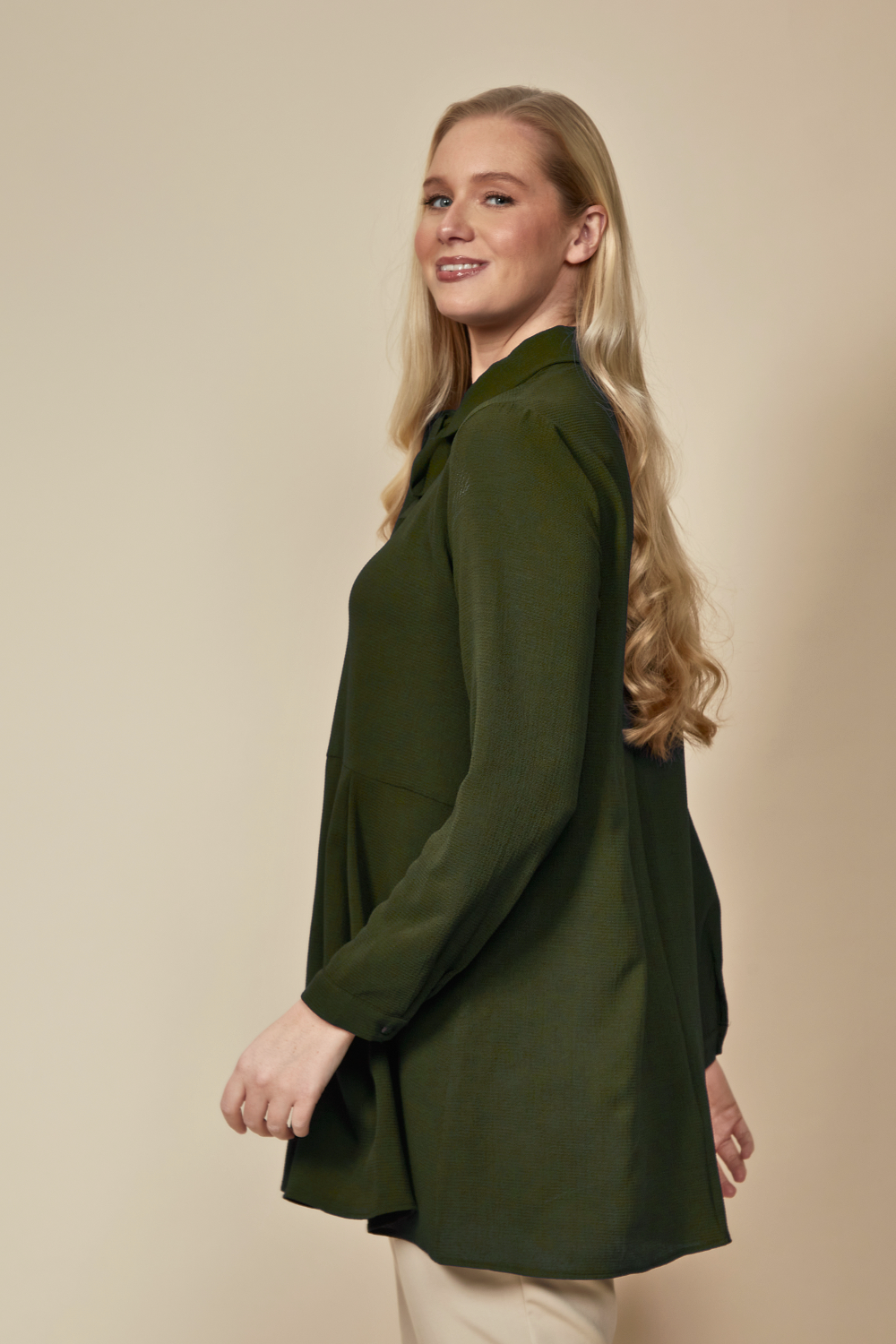Oversized Long Sleeve Relaxed Pleated Fit Shirt with Tie Detail in Khaki