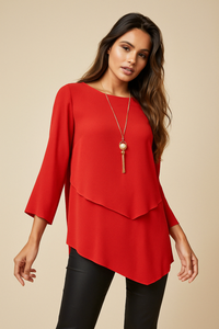 3/4 Sleeve Relaxed Layered Top With Necklace In Red