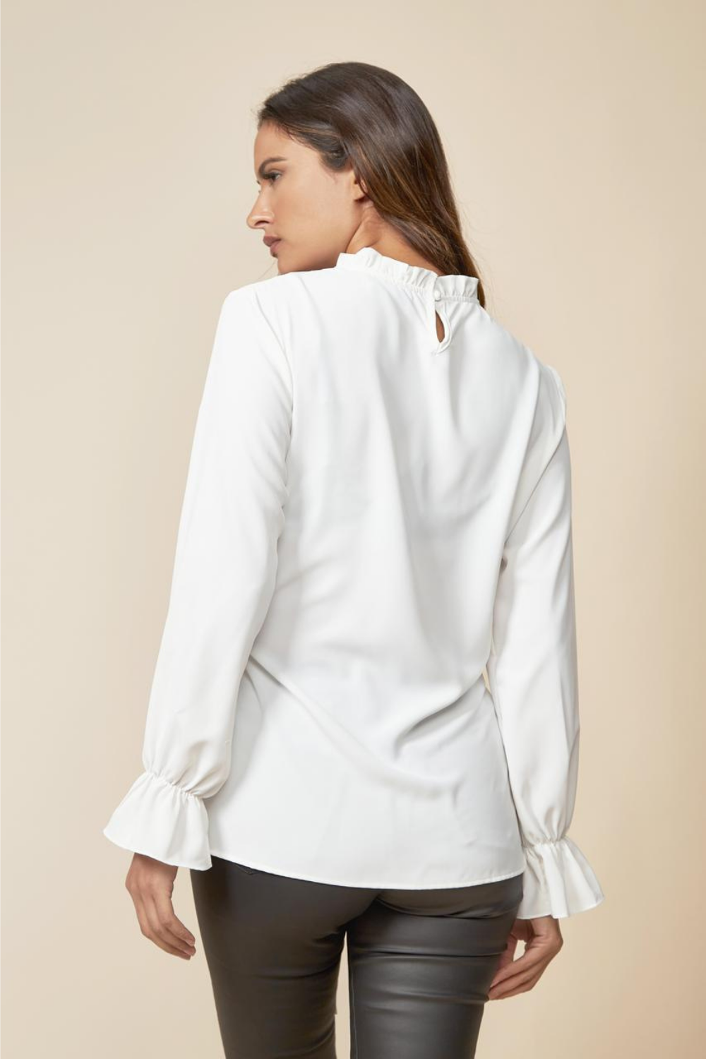 Oversized Tie Ruffle Neck Top with Tie Waist Detailed in White