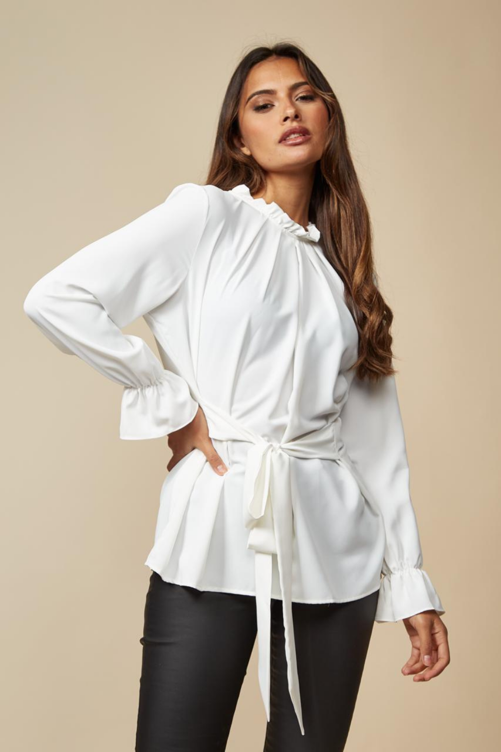 Oversized Tie Ruffle Neck Top with Tie Waist Detailed in White