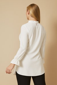 Oversized Ruffle Neck Top with Tie Waist Detailed in White