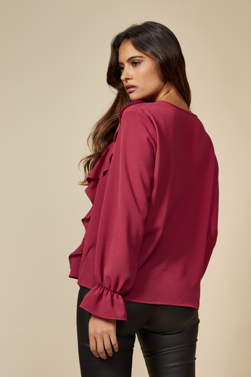 Oversized V Neck Top Ruffle Front Details in Burgundy