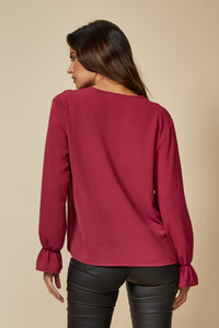 Oversized V Neck Top Ruffle Front Details in Burgundy