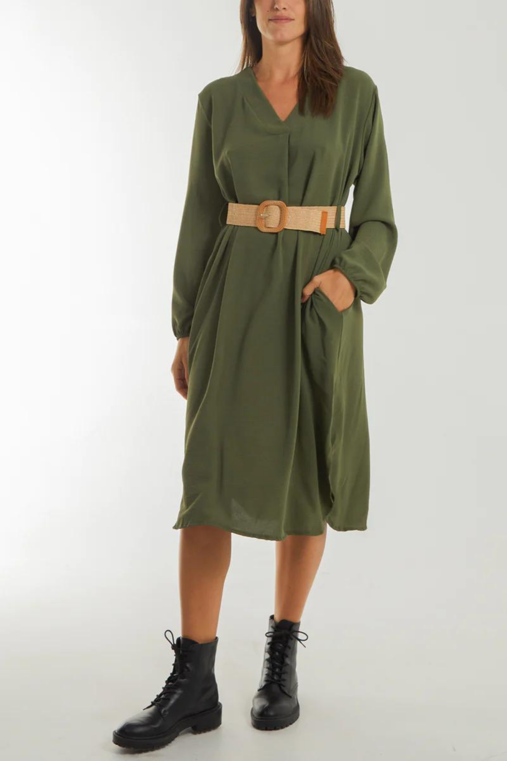 Loose Fit Long Sleeves V Neck Midi Dress with Matching Belt in Khaki HOXTON GAL