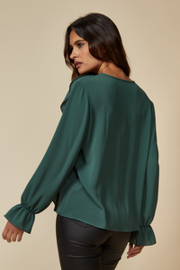 Oversized V Neck Top Ruffle Front Details in Green