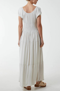 Oversized Button Detailed Puff Sleeve Maxi Dress with Shirred Waist in Beige