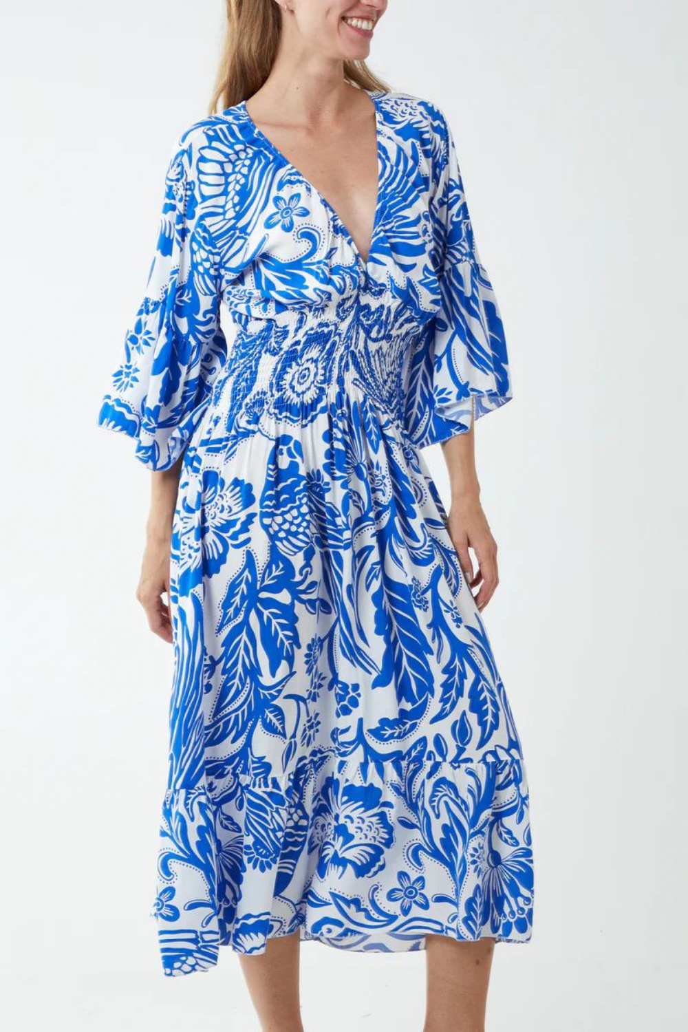 Oversized V Neck Detailed Floral Print Midi Dress in Blue and White