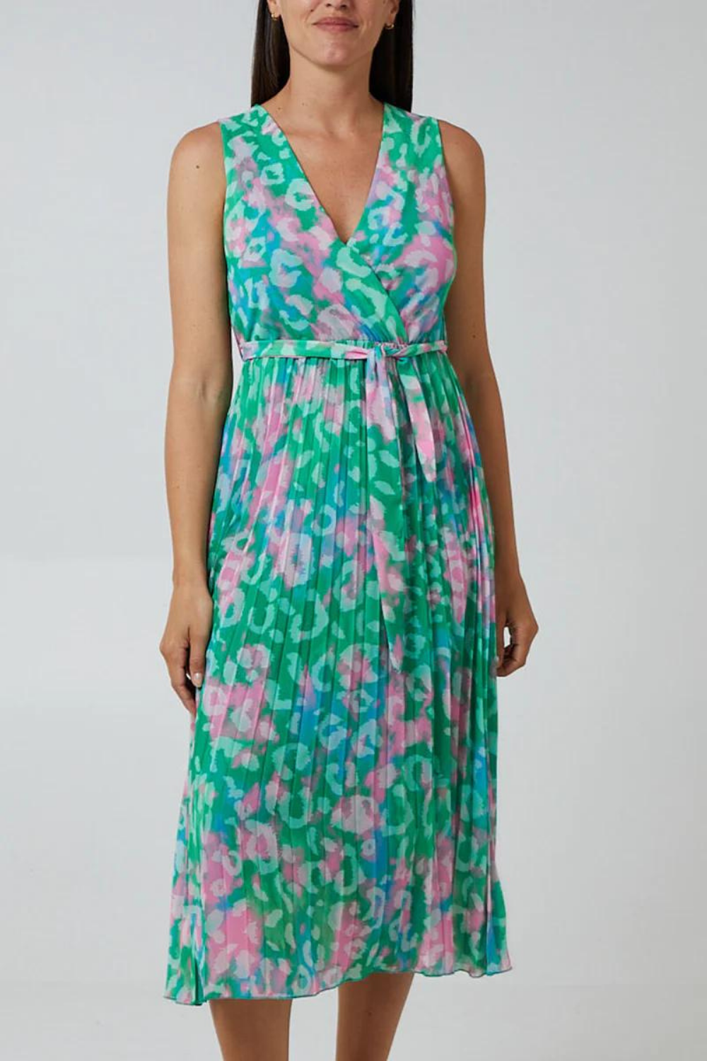 Wrap Front Multi Coloured Pink and Blue Leopard Print Maxi Dress with Pleat Details in Green