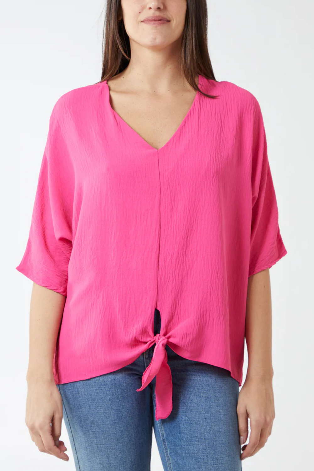 Oversized V Neck Tie Detailed Top with 3/4 Sleeves in Fuchsia