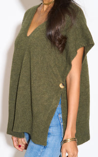 Cozy Sleeveless Top with V-Neck Buttoned Details in Khaki
