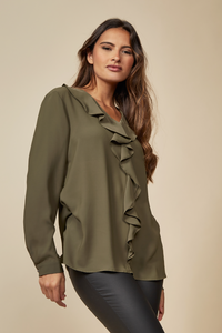 Relaxed Fit Top with Frilled Front in Khaki