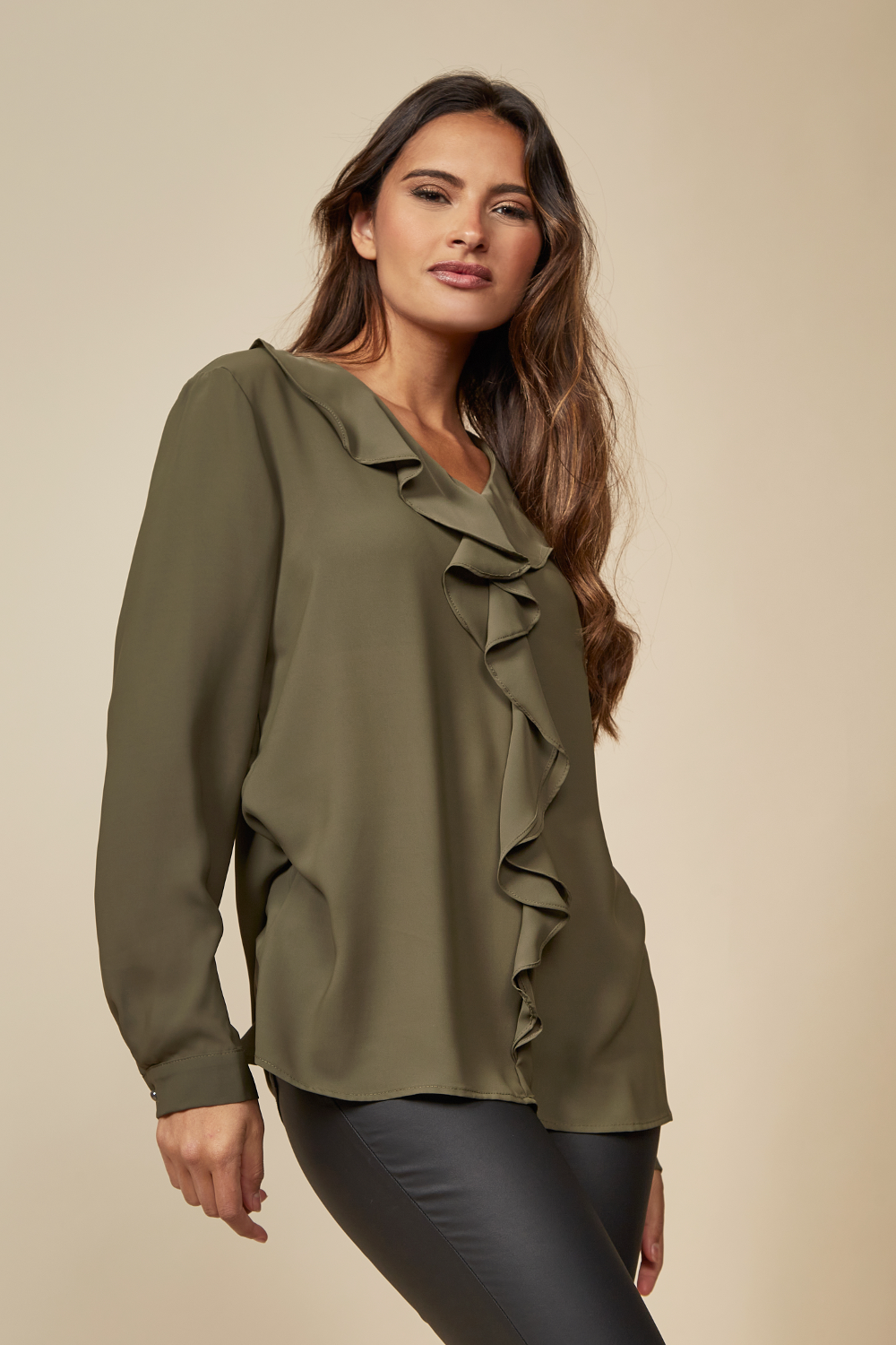 Relaxed Fit Top with Frilled Front in Khaki