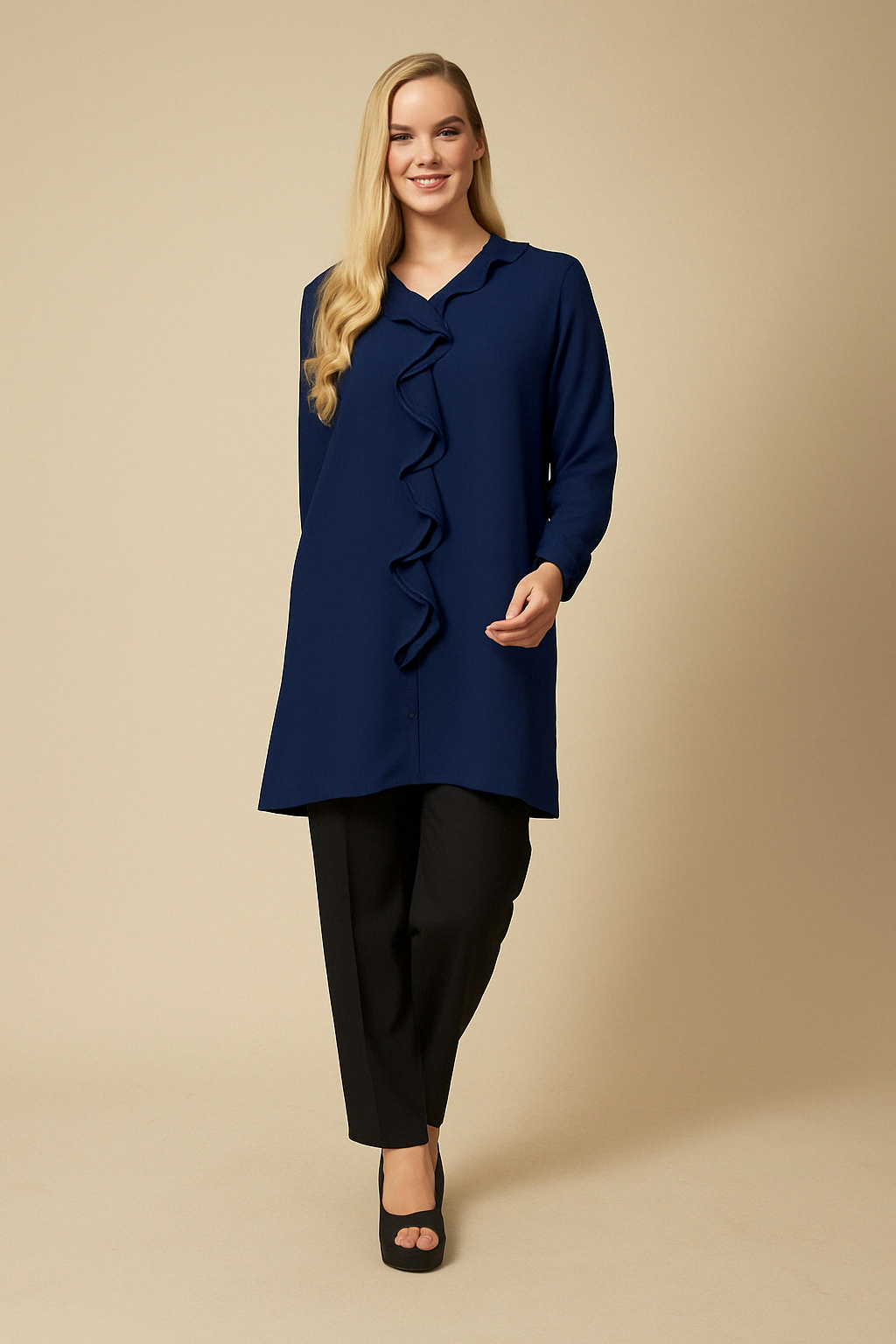 Relaxed Fit Tunic with Frill Details in Navy