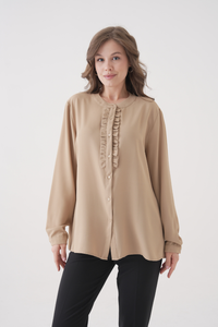 Oversized Long Sleeve with Ruffle Detail Blouse in Beige