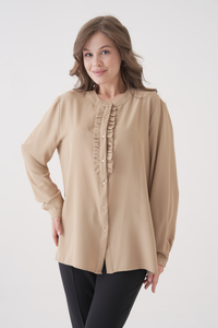 Oversized Long Sleeve with Ruffle Detail Blouse in Beige