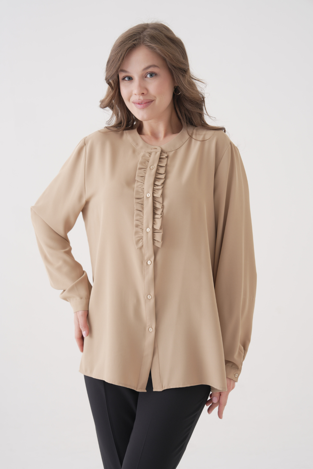 Oversized Long Sleeve with Ruffle Detail Blouse in Beige