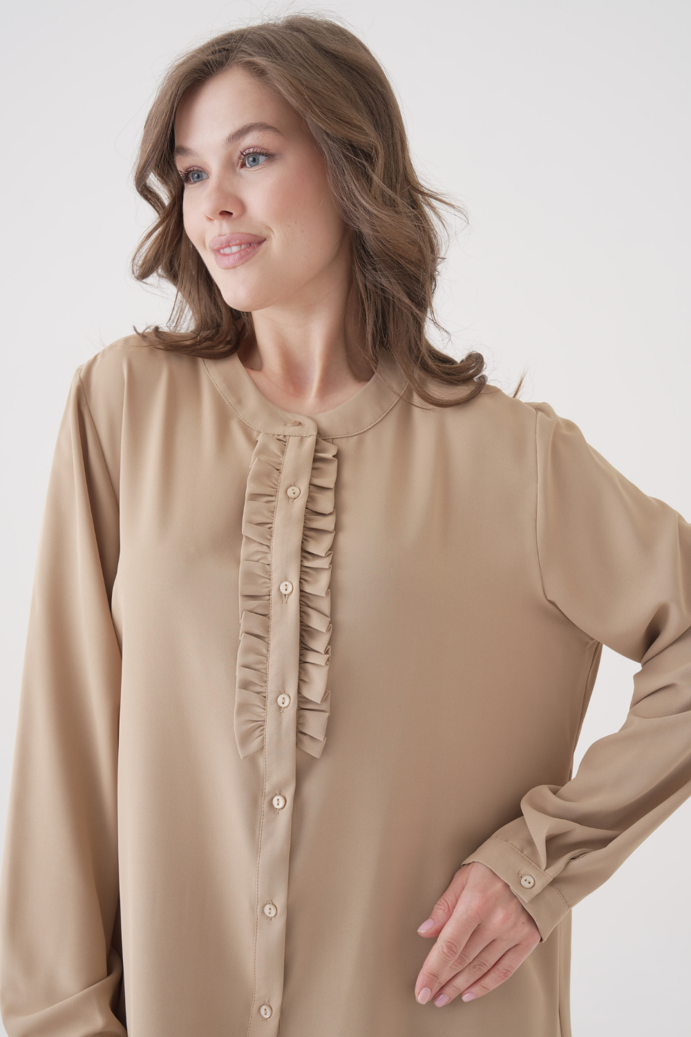 Oversized Long Sleeve with Ruffle Detail Blouse in Beige
