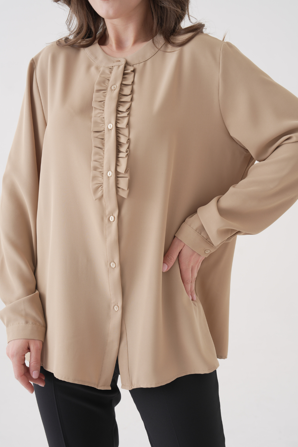 Oversized Long Sleeve with Ruffle Detail Blouse in Beige