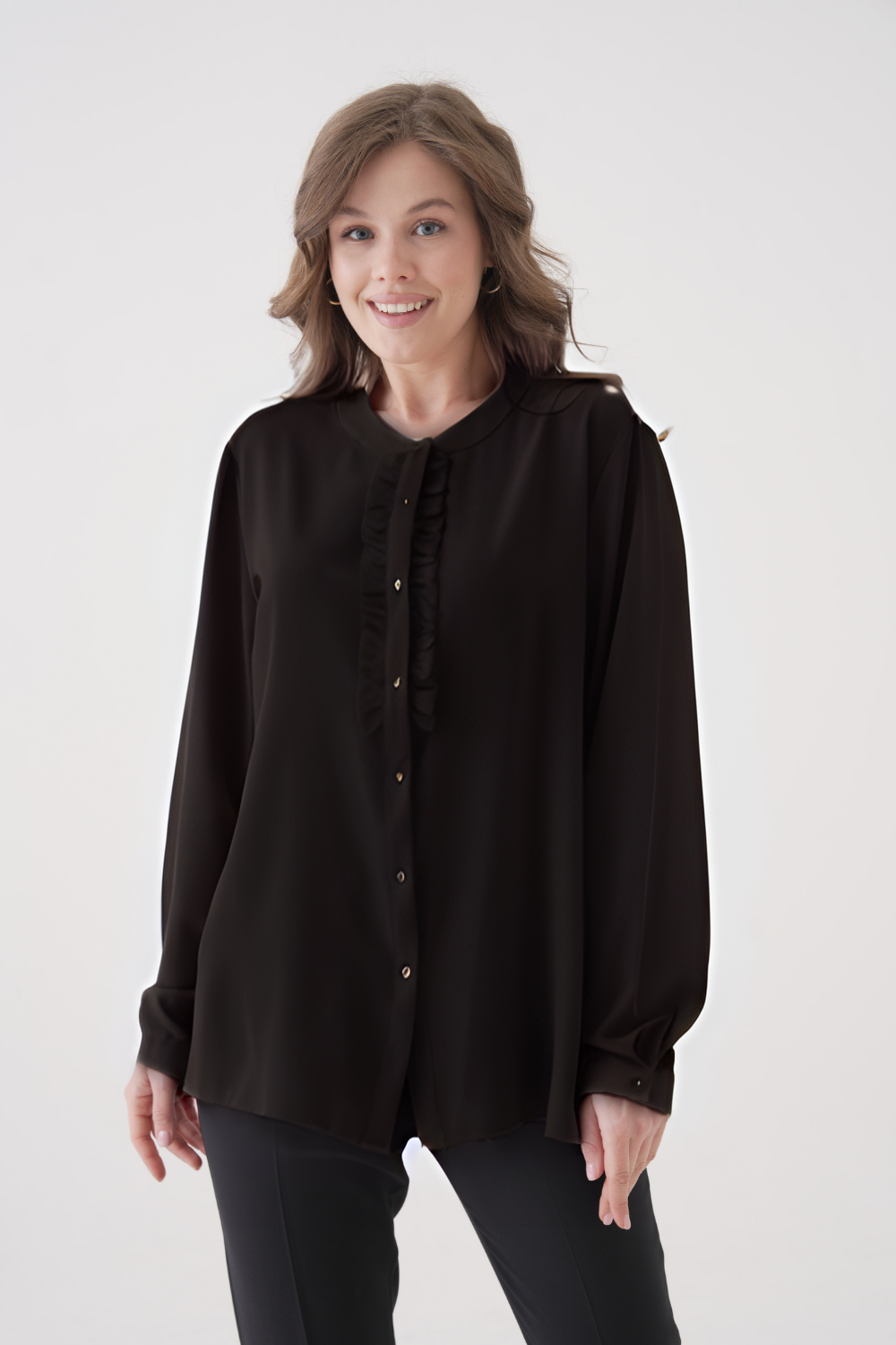 Oversized Long Sleeve with Ruffle Detail Blouse in Black