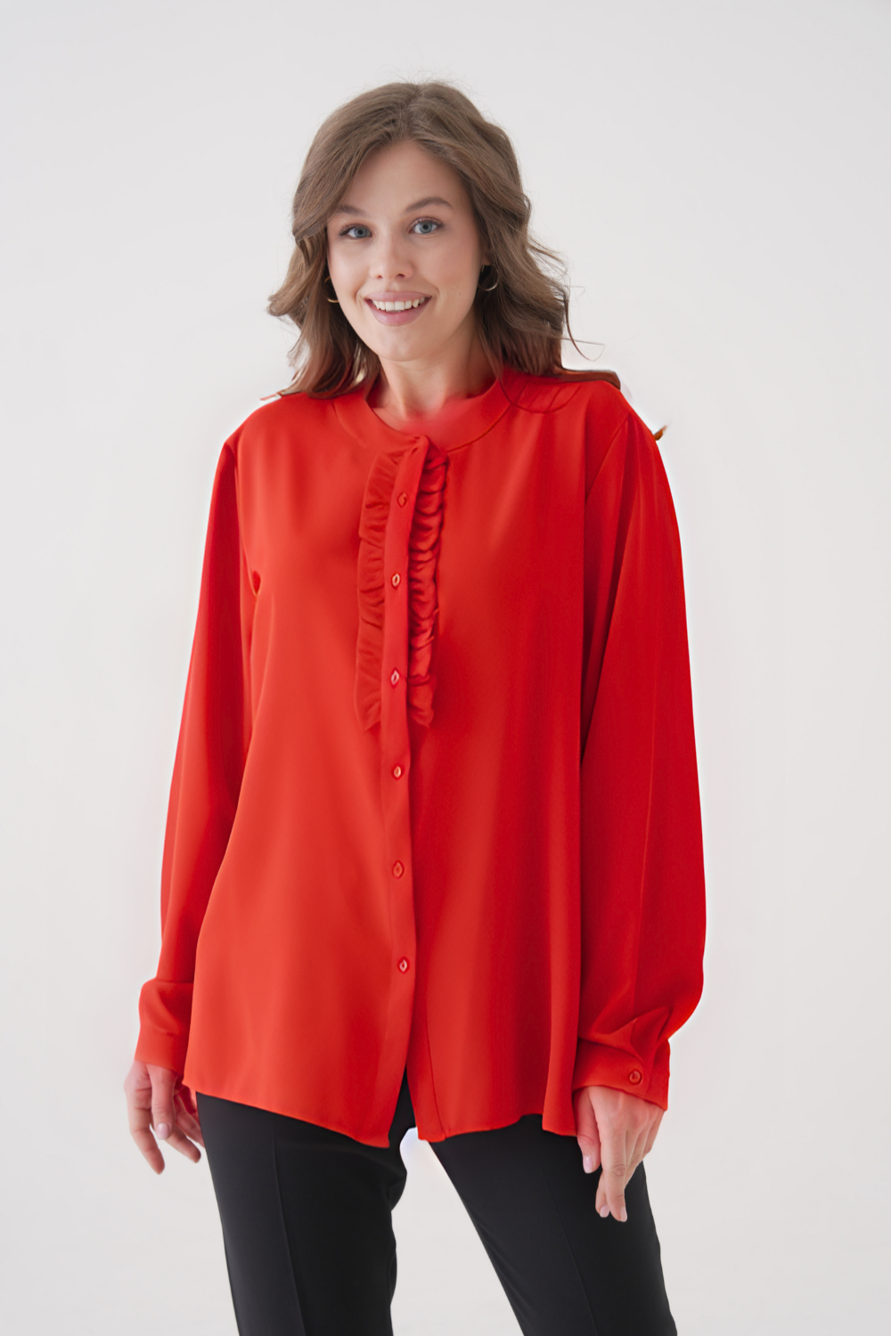 Oversized Long Sleeve with Ruffle Detail Blouse in Red