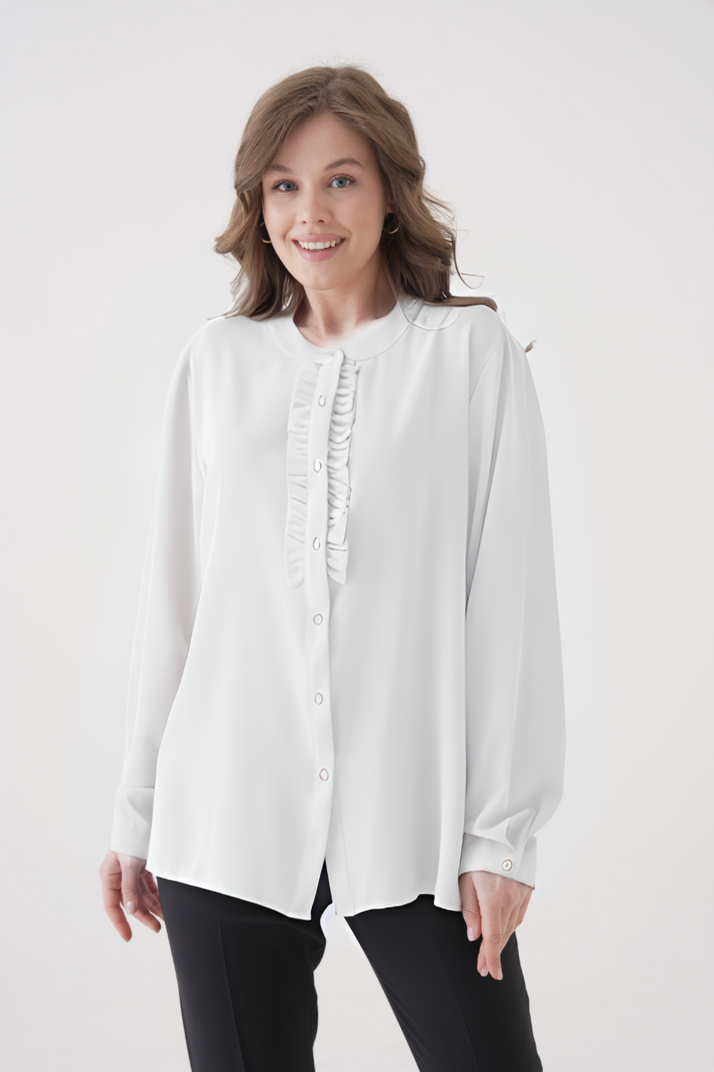 Oversized Long Sleeve with Ruffle Detail Blouse in White