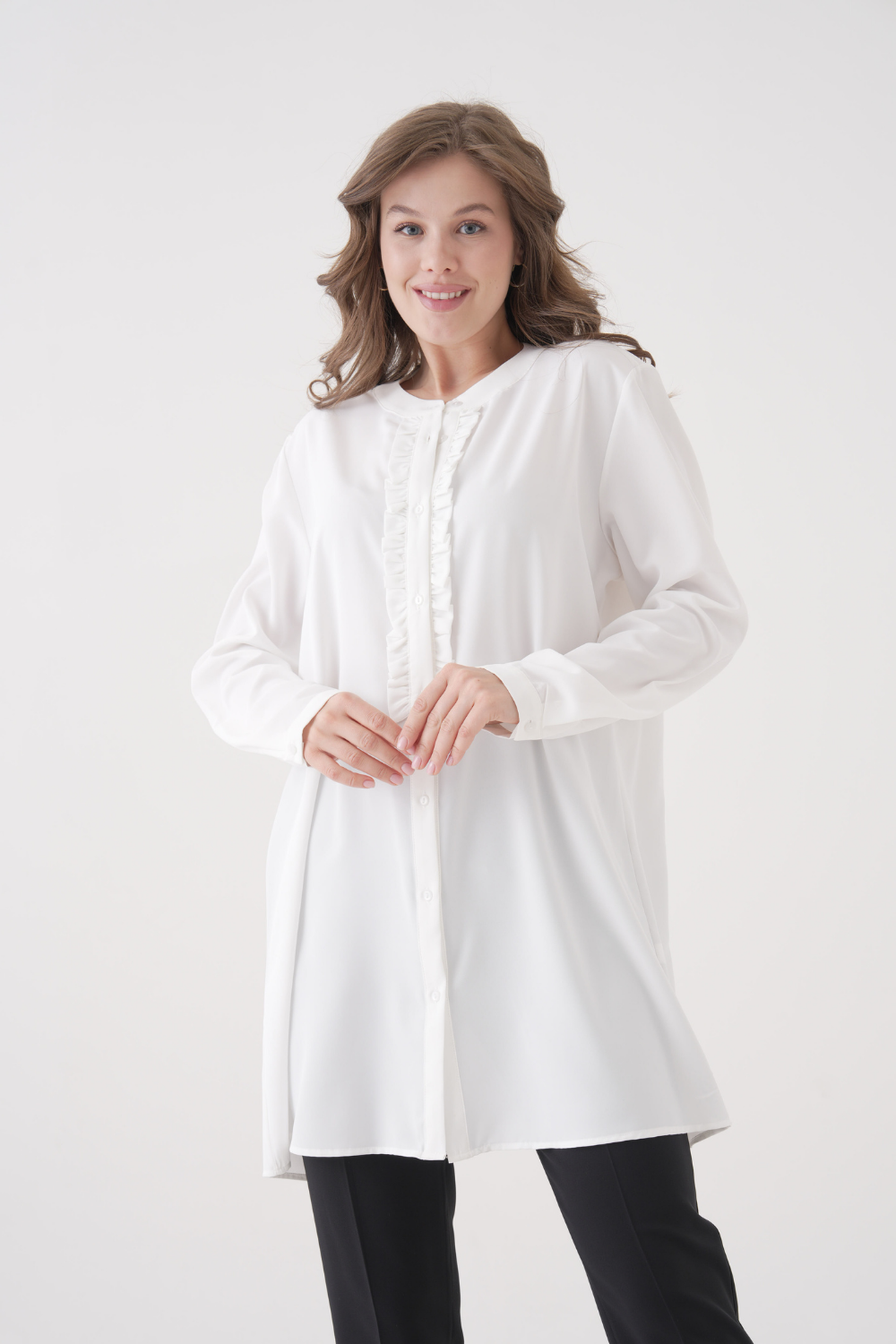 Oversized Long Sleeve with Ruffle Detail Tunic in White
