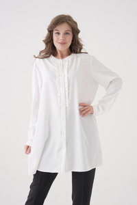 Oversized Long Sleeve with Ruffle Detail Tunic in White