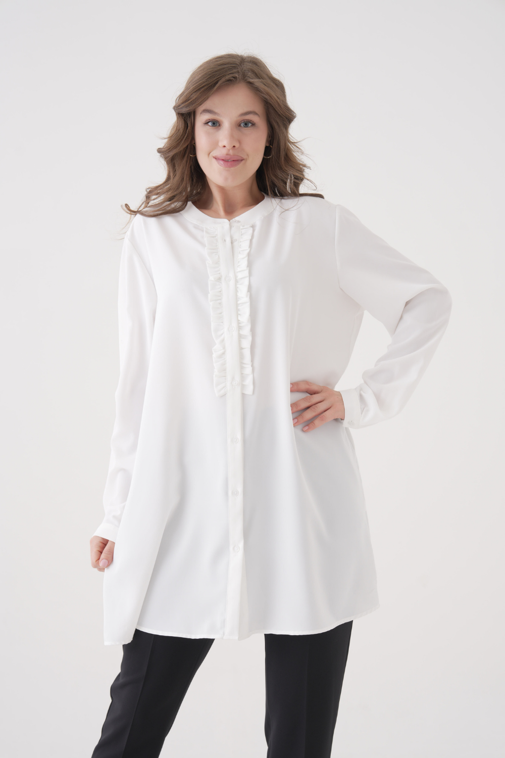 Oversized Long Sleeve with Ruffle Detail Tunic in White