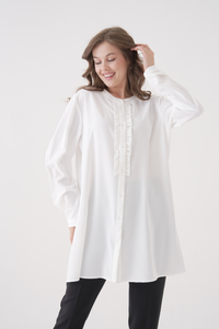 Oversized Long Sleeve with Ruffle Detail Tunic in White