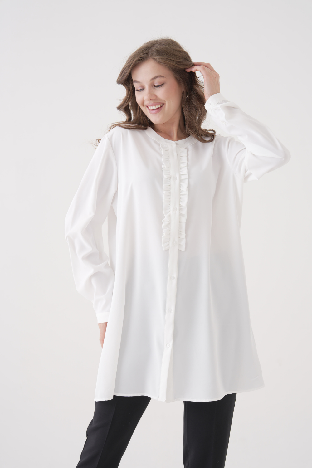 Oversized Long Sleeve with Ruffle Detail Tunic in White