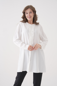 Oversized Long Sleeve with Ruffle Detail Tunic in White
