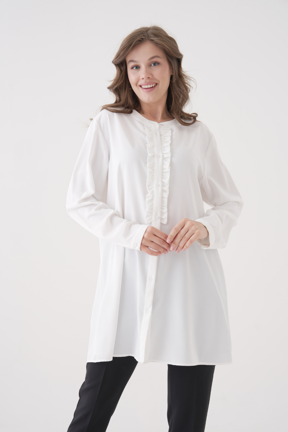 Oversized Long Sleeve with Ruffle Detail Tunic in White