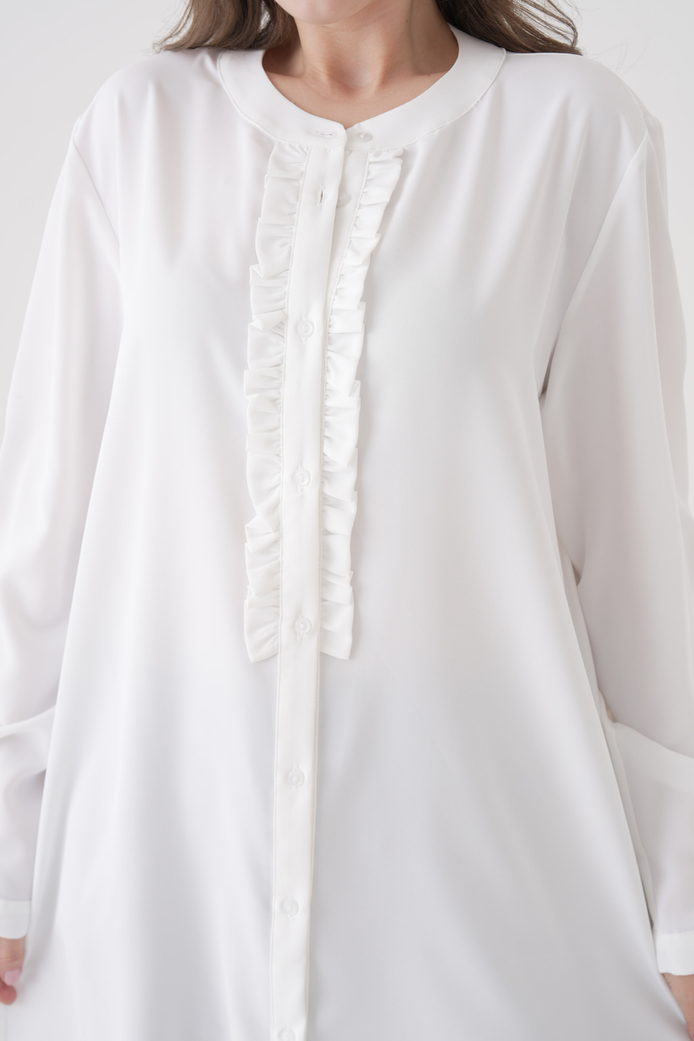 Oversized Long Sleeve with Ruffle Detail Tunic in White