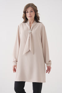 Relaxed Fit V-neckline Long Sleeve Tunic with Brooch Detail in Beige