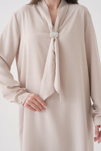 Relaxed Fit V-neckline Long Sleeve Tunic with Brooch Detail in Beige