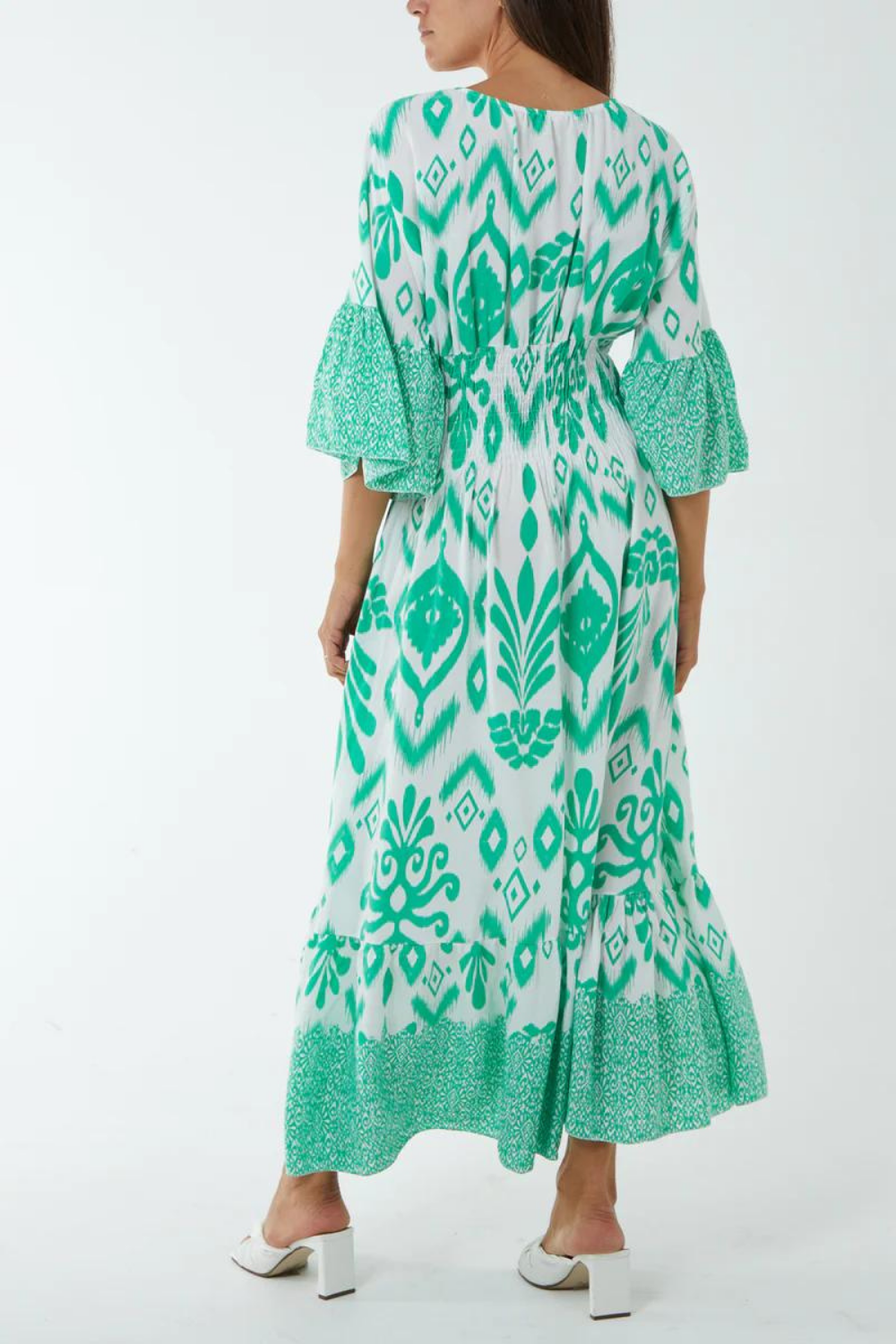 Oversized Flutter Sleeves Shirred Waist Geometrical Print V Neck Maxi Dress in Green and White