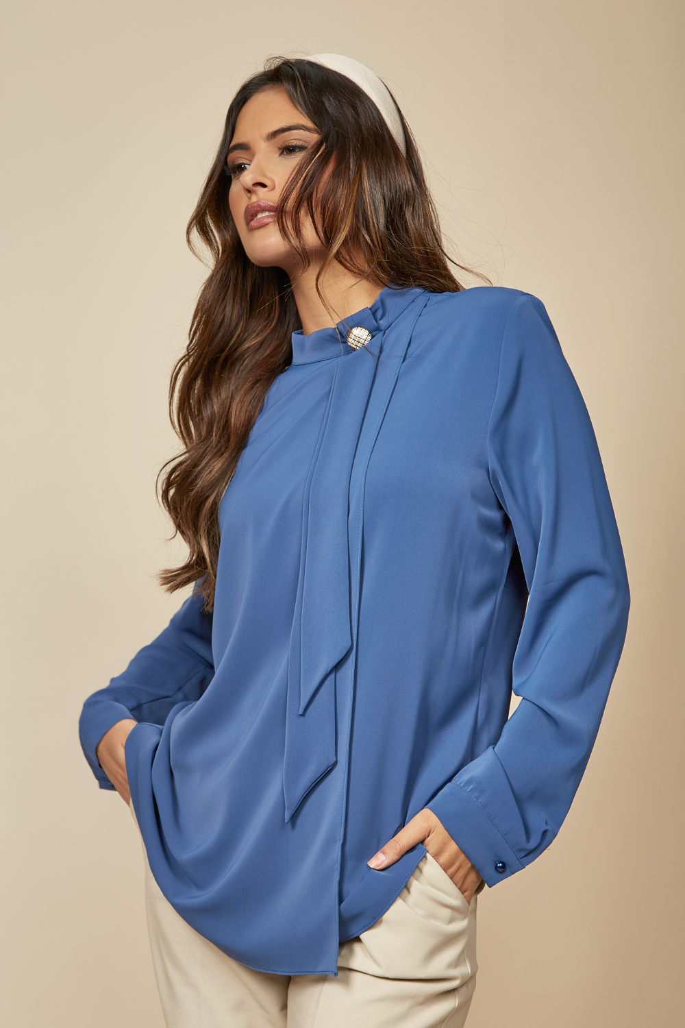 Oversized High Neck Top with Brooch Details in Blue