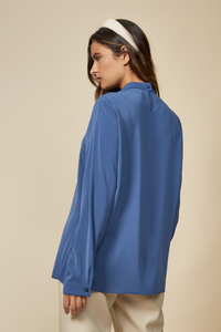 Oversized High Neck Top with Brooch Details in Blue