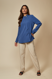 Oversized High Neck Top with Brooch Details in Blue