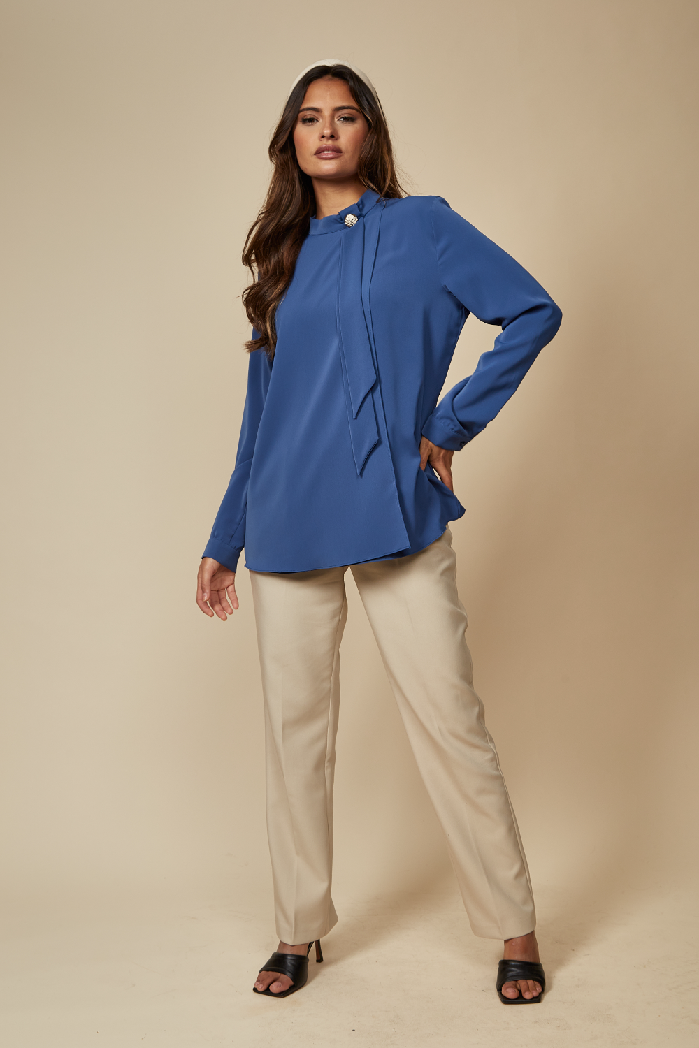 Oversized High Neck Top with Brooch Details in Blue