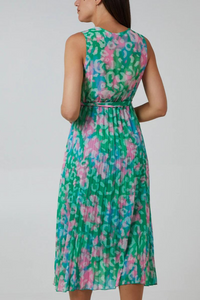 Wrap Front Multi Coloured Pink and Blue Leopard Print Maxi Dress with Pleat Details in Green