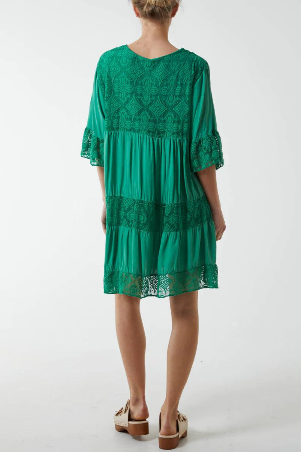Oversized 3/4 Sleeves Lace Detailed V Neck Mini Dress in Green
