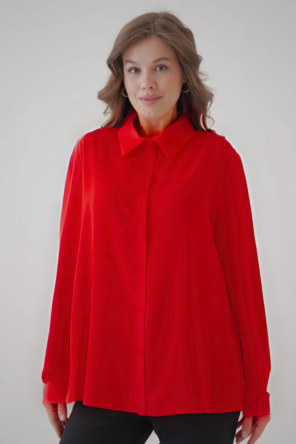 Oversized Long-Sleeves Pointed Collar Neckline Blouse in Red
