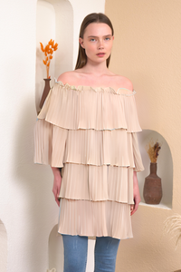 Off Shoulder Relaxed Fit 3/4 Sleeves Layered Blouse In Beige