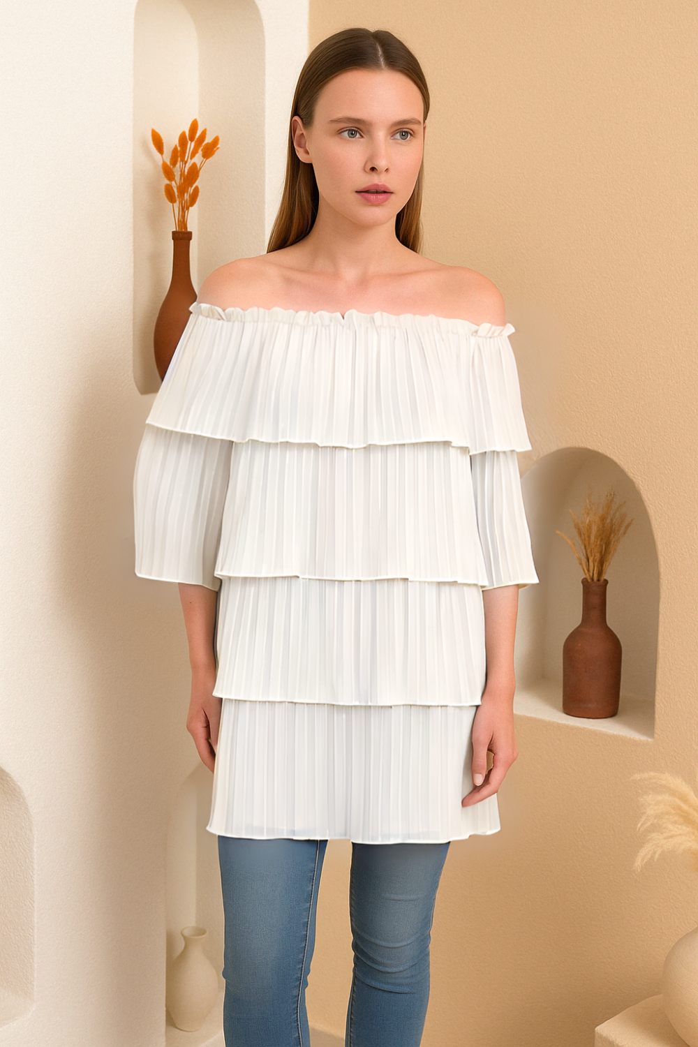 Off Shoulder Relaxed Fit 3/4 Sleeves Layered Blouse In White