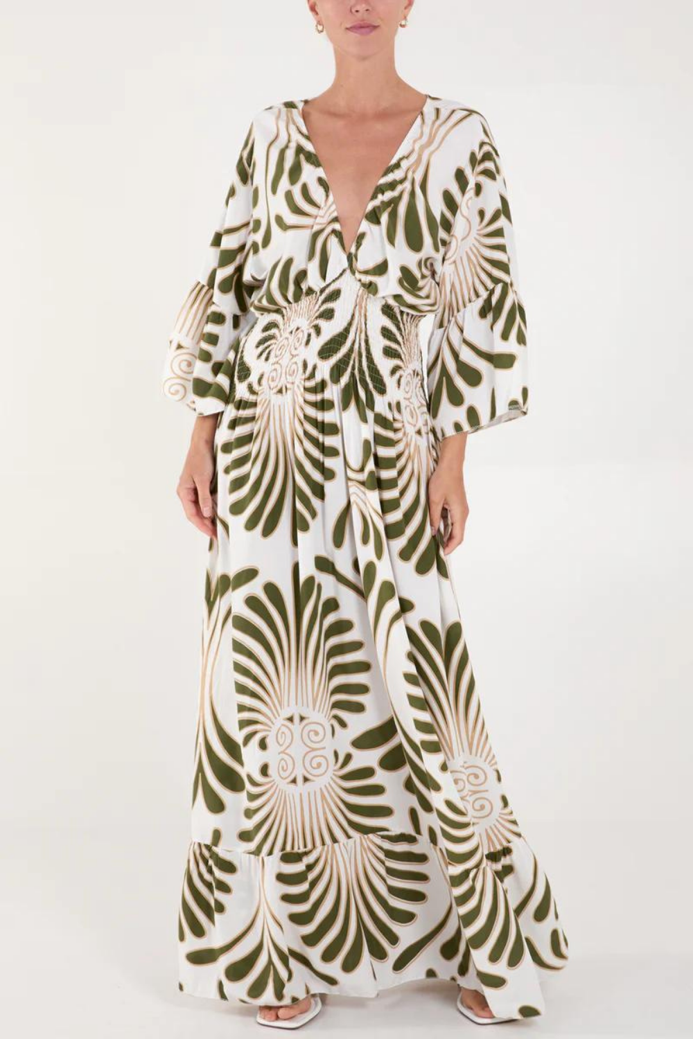 Khaki v neck leaf print dress hotsell