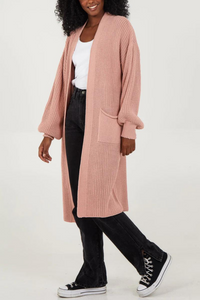 Oversized Long Sleeves Midi Knitted Cardigan with Pocket Details in Pink