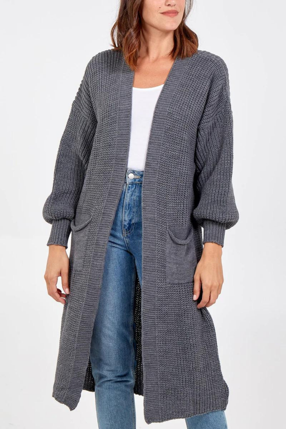 Oversized Long Sleeves Midi Knitted Cardigan with Pocket Details in Dark Grey