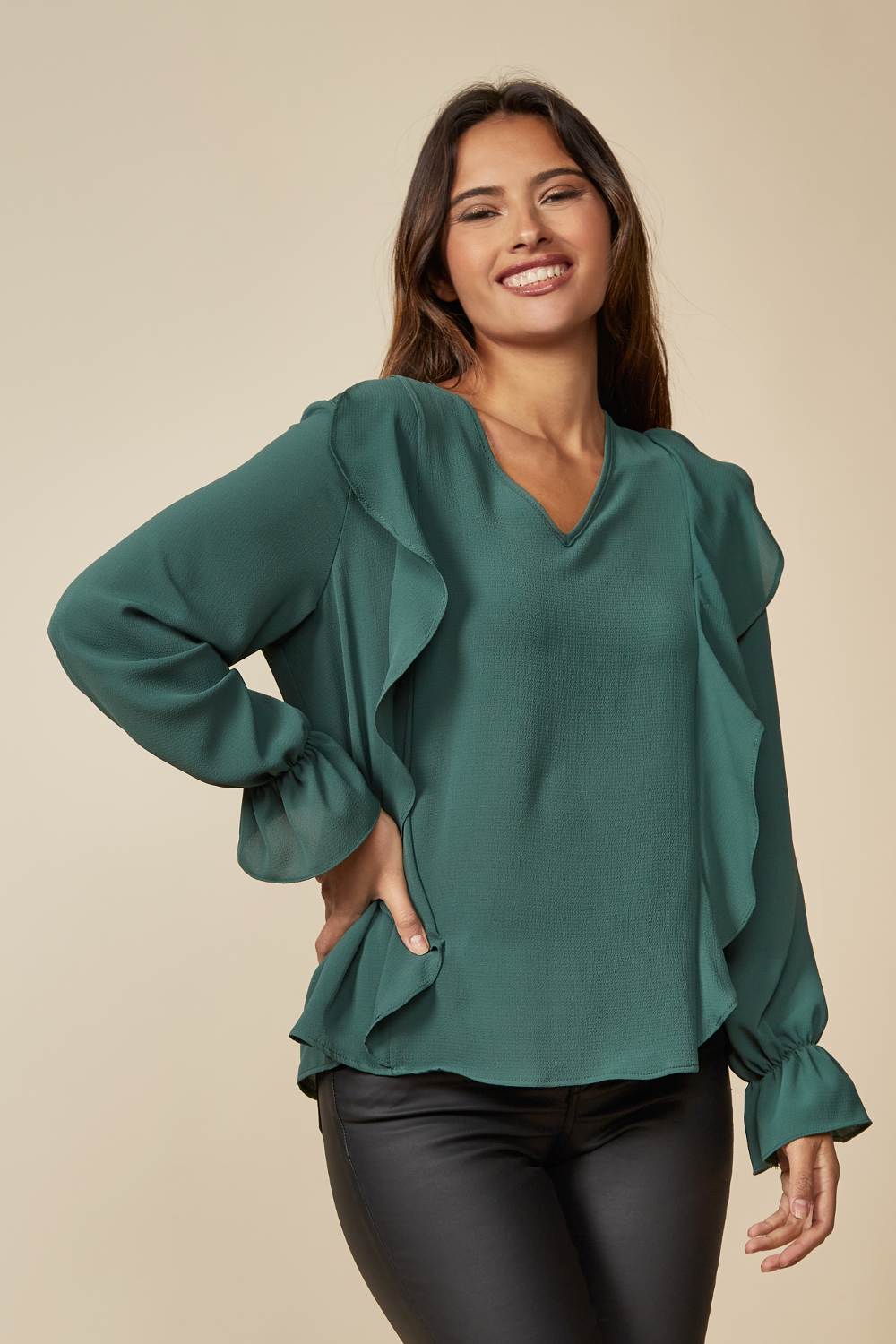Oversized V Neck Top Ruffle Front Details in Green